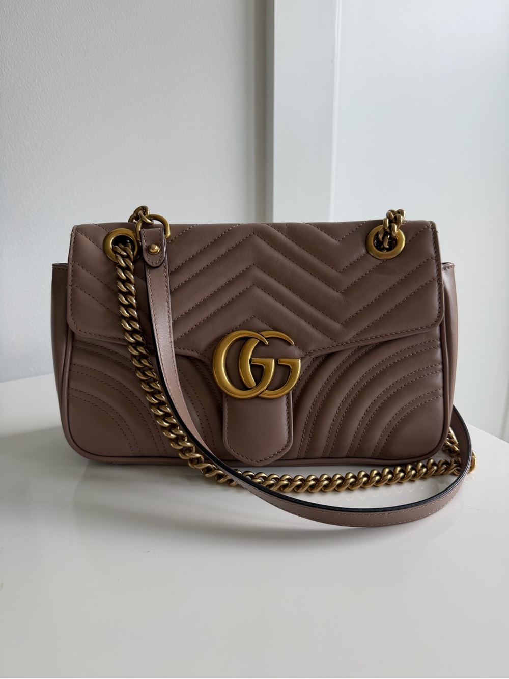 Gucci Quilted Leather Medium Shoulder Bag in Porcelain Rose with Gold Hardware
